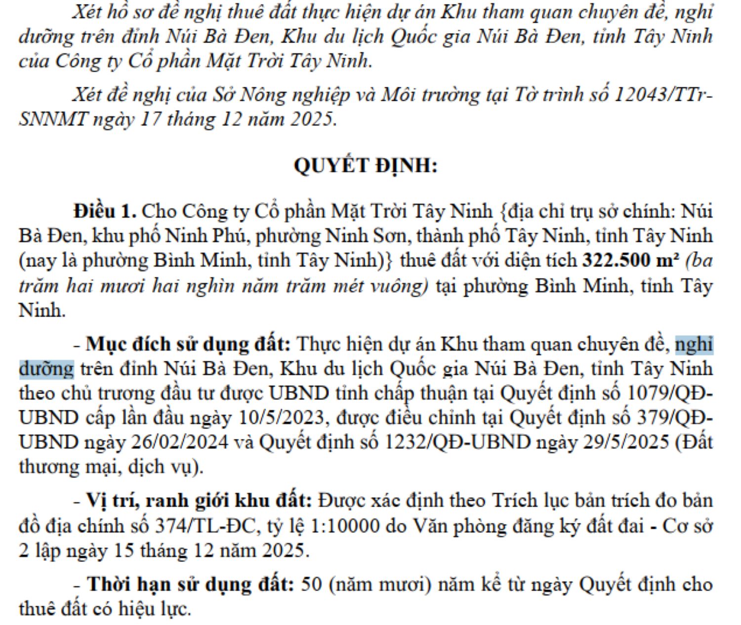 QĐ Khu tham quan chuyên đề, nghỉ dưỡng trên đỉnh Núi Bà Đen